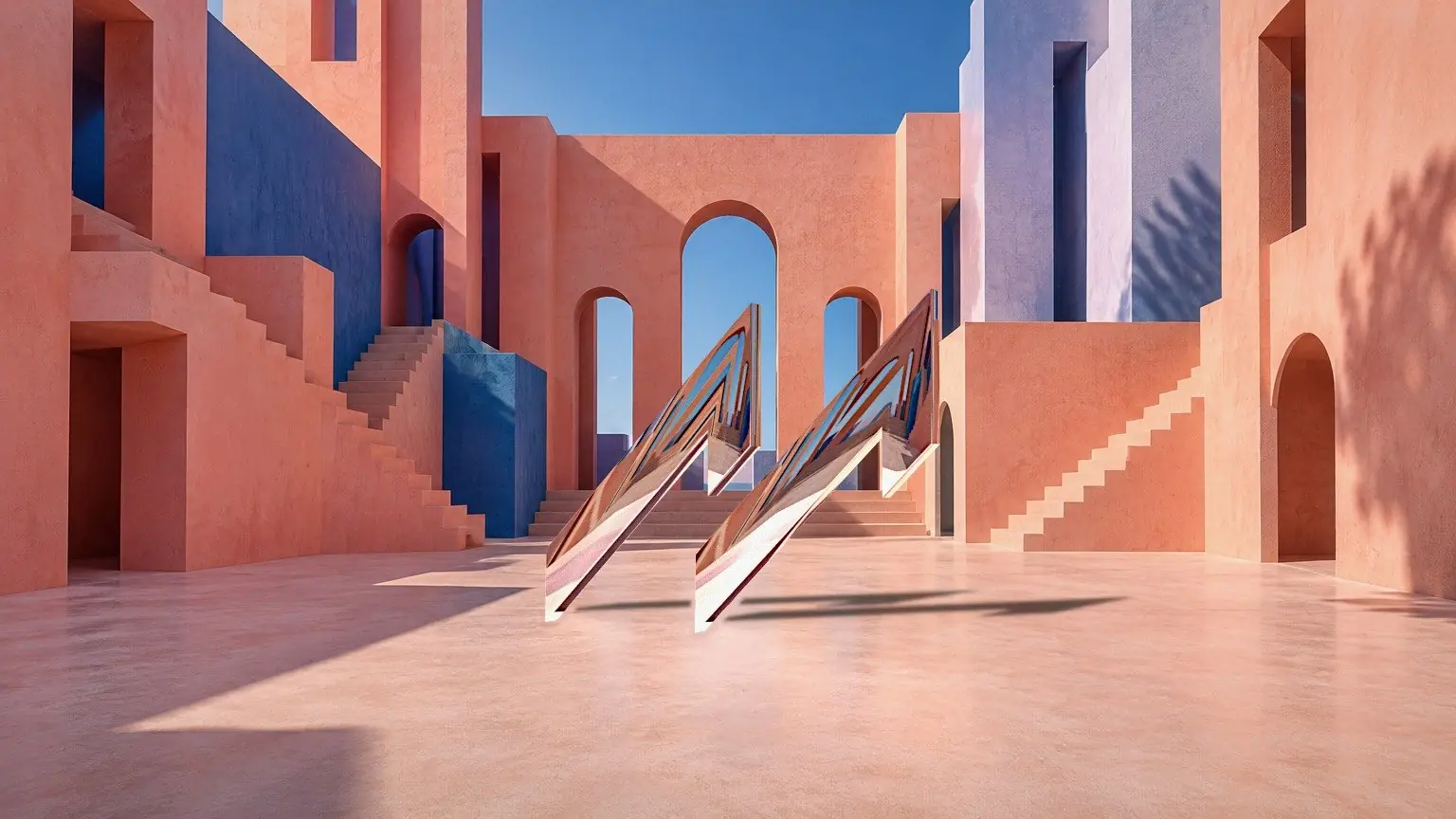 The MUUS pair in a courtyard of pink and blue walls and stairs
