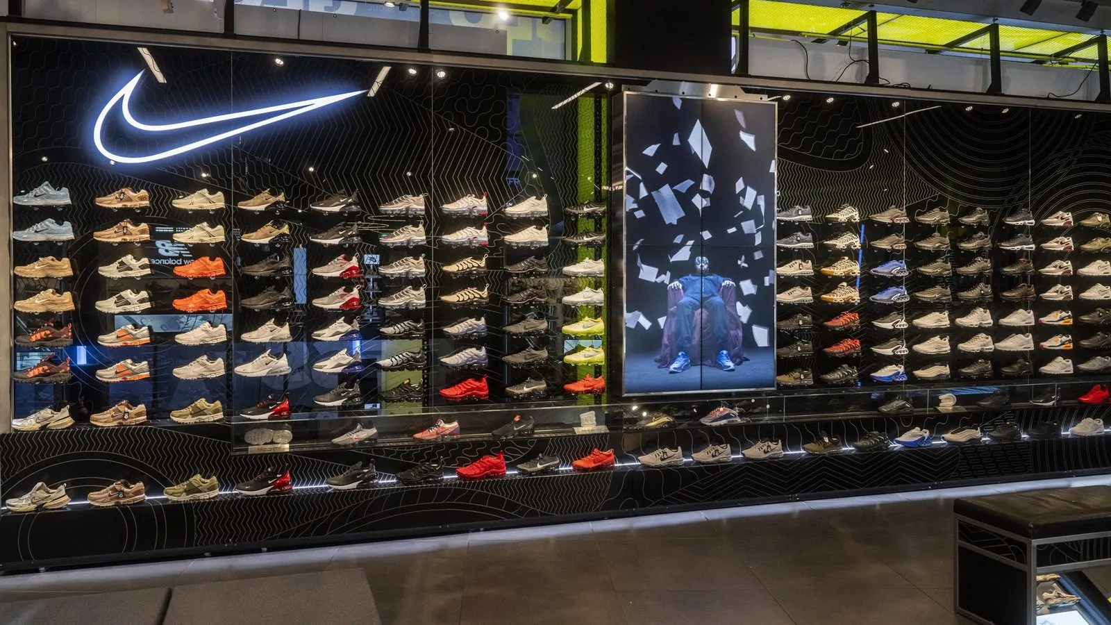The Nike wall inside the JD Sports Times Square flagship at the Nike DN launch