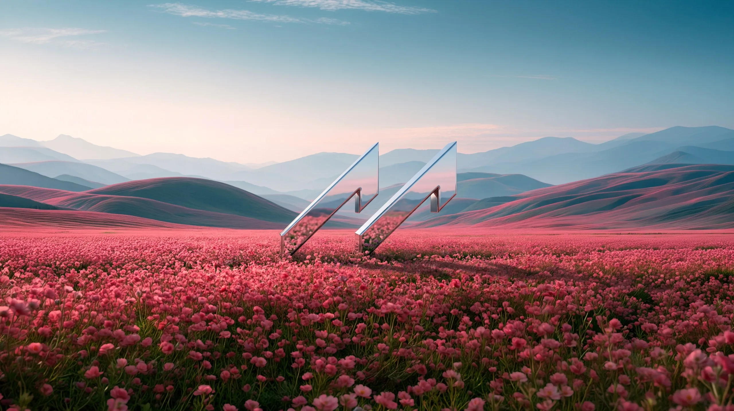 The glass MUUS bolt-M sculpture standing in a field of pink wildflowers, pale layered mountains and open morning sky behind it