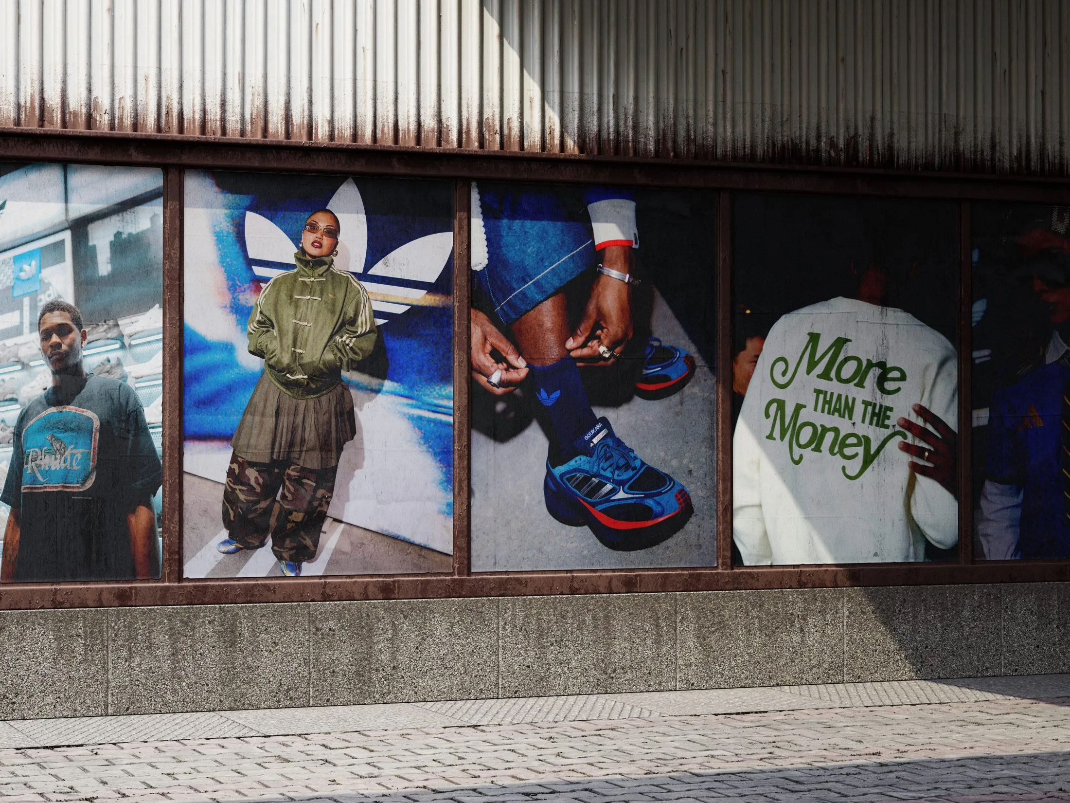 An adidas shop window mural running the length of a street frontage, three campaign frames wide