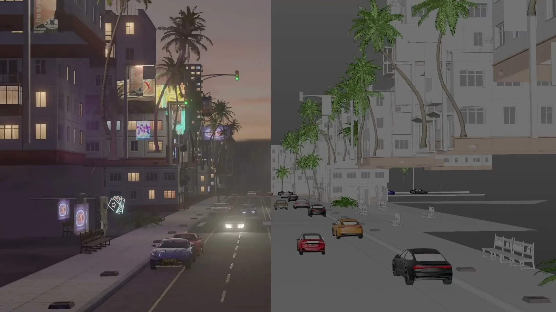 A visual effects split of the same city street. The graded plate on the left, the untextured CG build on the right